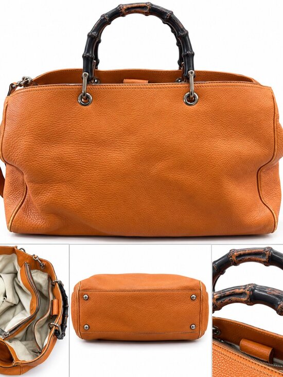Gucci Handbags - Gucci Handbag with Bamboo Handles & Shoulder Strap Orange Pebbled